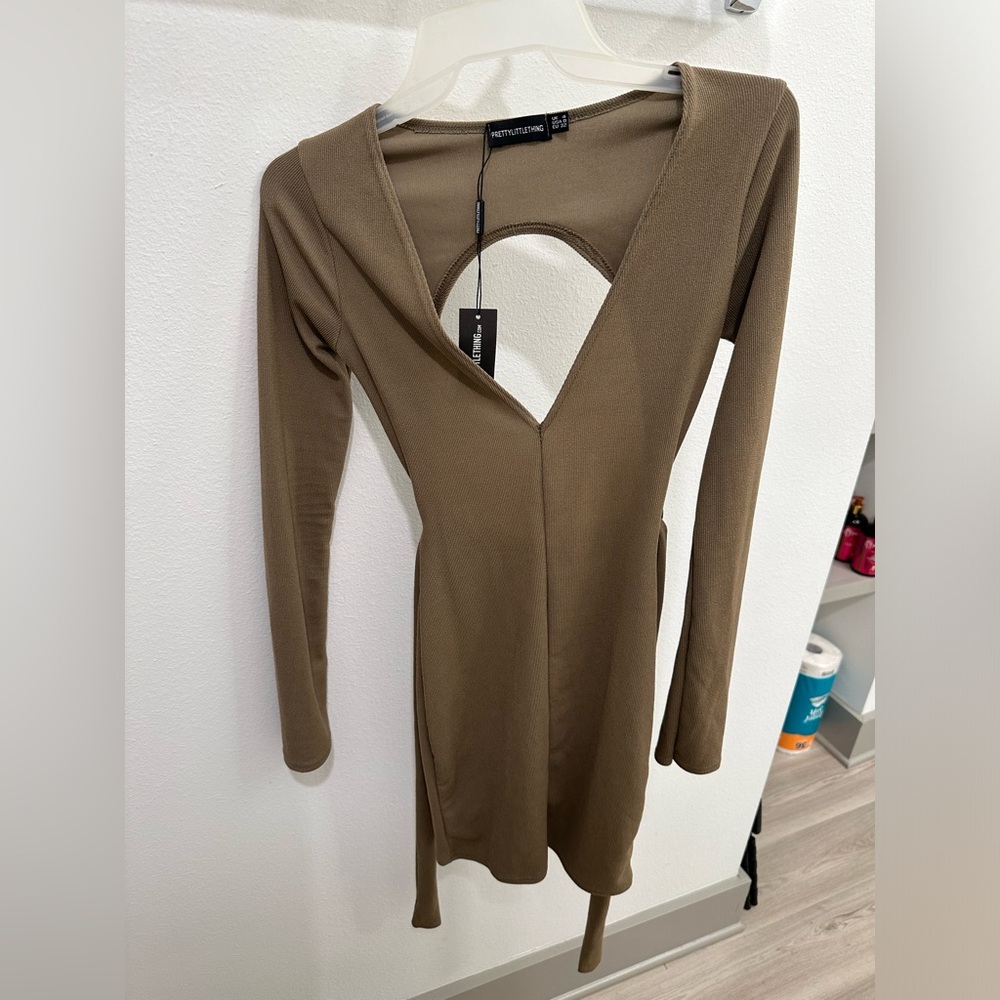 Olive Long Sleeve Tie Waist Open Back Bodycon Dress